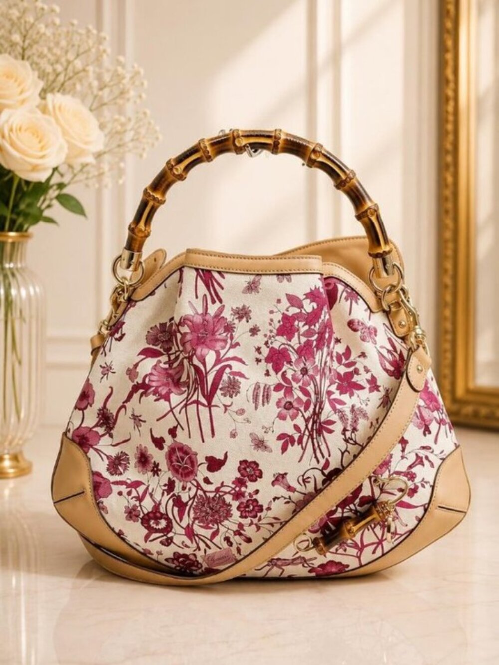 Authentic Gucci Bamboo Flora Canvas Top Handle Shoulder Bag Floral Print